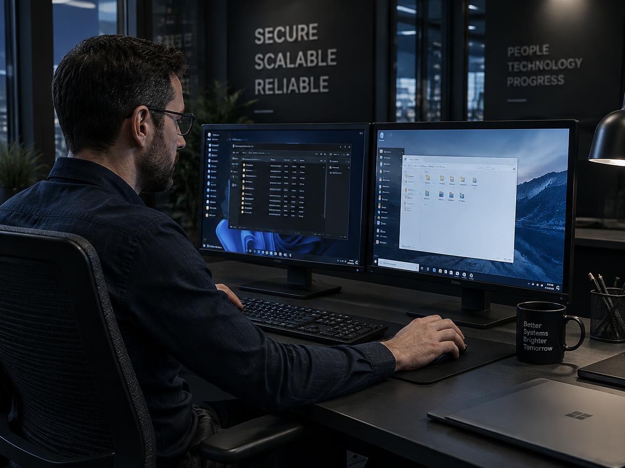An IT professional at a desk using a local Windows PC alongside a second screen showing a remote desktop session